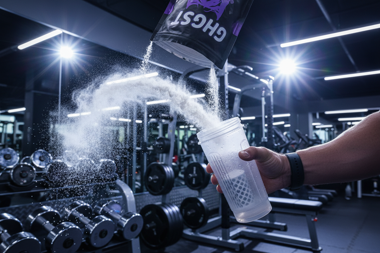pouring ghost protien power in a gym setting 